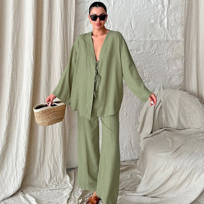 Autumn Cotton Breathable Green Long Sleeved Trousers Women Cardigan Pajamas Home Wear-Fancey Boutique