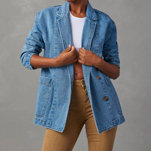 Color-Blue-Casual Washed Out Blue Denim Women Blazer Women-Fancey Boutique