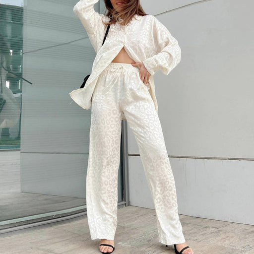 Color-White-Women Leopard Jacquard Spring Autumn Long Sleeve Shirt Elastic Waist Loose Trousers Two Piece Set-Fancey Boutique