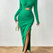Color-Green-Fall Winter Sexy Solid Color round Neck Hollow Out Cutout out Cinched Long Sleeve Narrow Split Suit-Fancey Boutique