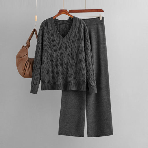 Color-Dark Grey-Fashionable Wide Leg Pants Sweaters Women Clothing Autumn Winter Two Piece Suit Women Twist V neck Knitting Suit-Fancey Boutique