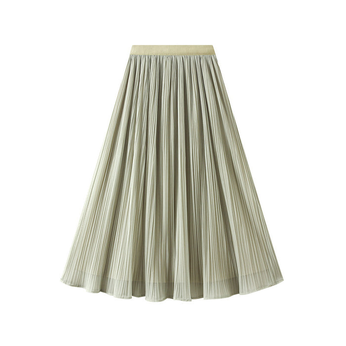 Color-Green-Women Two Sided Skirt Spring Korean High Waist Slimming Mid Length Mesh Pleated Skirt 3-Fancey Boutique