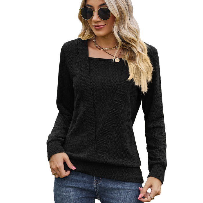 Color-Black-Autumn Winter Solid Color Square Collar Cross Loose Long Sleeved T shirt Top Women-Fancey Boutique