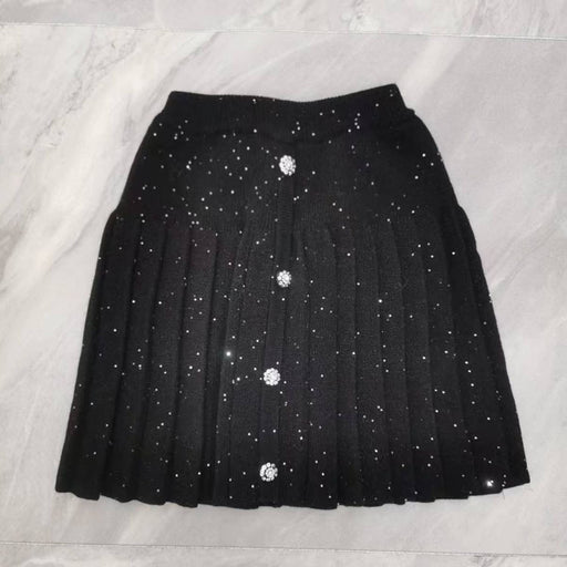 Color-Black-Autumn Winter Sequined Crystal Rhinestone Single Breasted Long Sleeve Pleated Skirt Knitwear Top Ladies Suit-Fancey Boutique