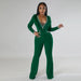 Color-Green-Sexy Deep V Plunge Feather Collar Wide Leg Jumpsuit Women Autumn Winter Rhinestone-Fancey Boutique