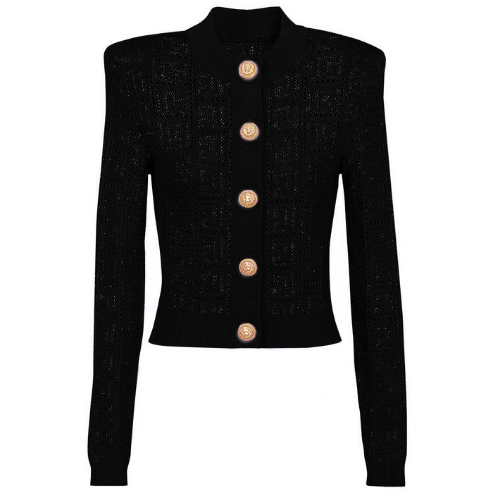 Color-Black Coat-Long Sleeve Short round Neck Hollow Out Cutout out Knitwear Dress Vest Shorts Women-Fancey Boutique