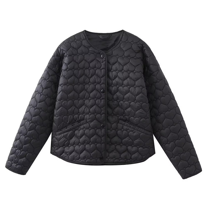 Color-Black-Winter Women Clothing round Neck Long Sleeve Heart Shaped Silk Line Cotton Jacket Coat-Fancey Boutique