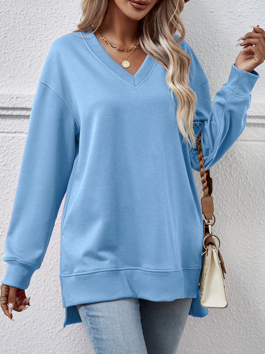 Color-Skyblue-Autumn Winter Women Clothing Sweater Solid Color V Neck Split Front Short Back Long Blouse-Fancey Boutique