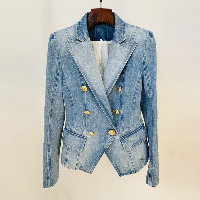 Color-Multi-Stars Slim Double Breasted Lion Button Denim Blazer-Fancey Boutique