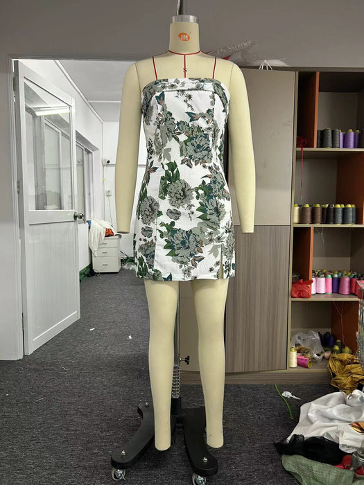 Color-White Rose Flower-Floral Print Tube Top Dress Sexy Sexy Hip Bag Side Slit Short Dress-Fancey Boutique