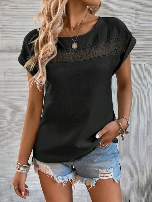 Color-Black-Women Clothing Summer Casual Solid Color Stitching Lace Hollow Out Cutout Out Short Sleeve Top Women-Fancey Boutique