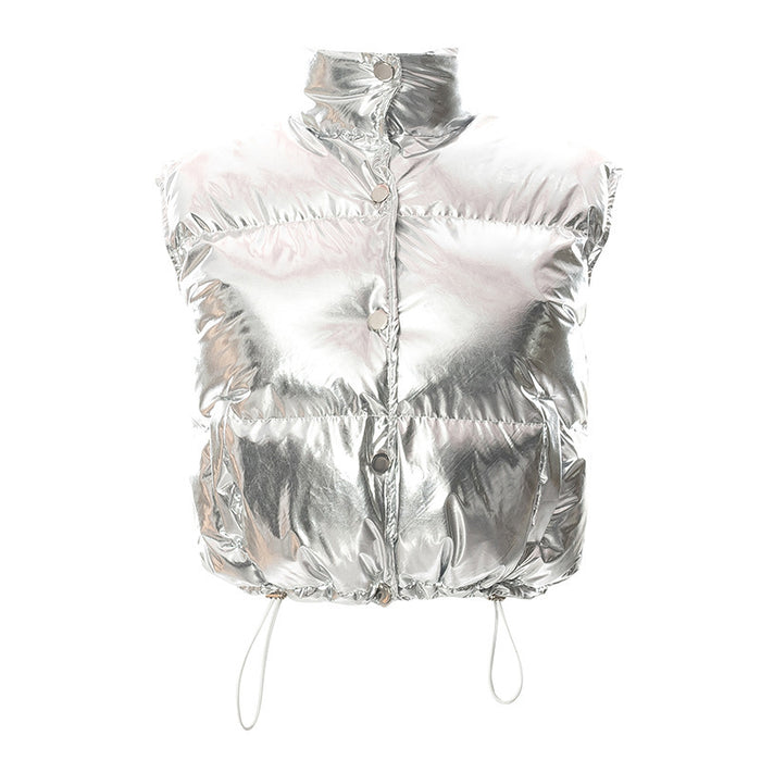 Color-Silver-Women Clothing Fall Winter Coat Vest Thickened Warm Bright Surface Stand Collar Short Bread Coat Cotton Padded Coat-Fancey Boutique