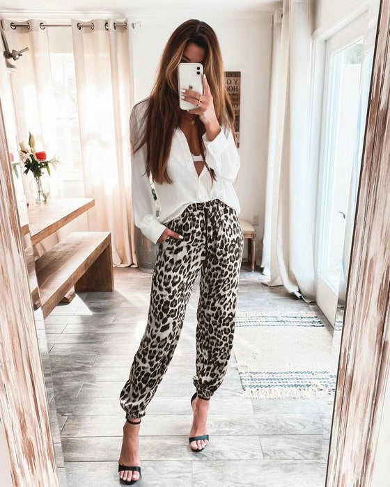 Color-Silver leopard print-Summer New Trousers Fashion Casual Pants Leopard Print Forged Trousers Micro Elastic-Fancey Boutique