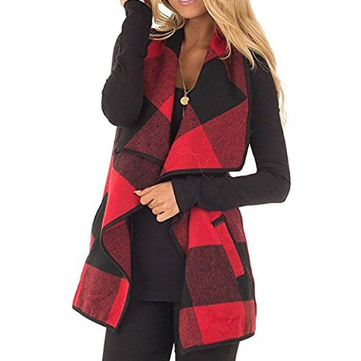 Color-Red and Black-Spring Summer Women Clothing Vest Top Plaid Collared Sleeveless Cape Woolen Coat-Fancey Boutique