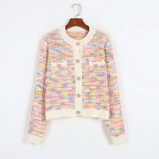 Color-Colorful White-Rainbow Striped Office Sweater Suit Classic Tweed Coat Women Spring Autumn Knitted Cardigan Two Piece Overskirt Suit-Fancey Boutique