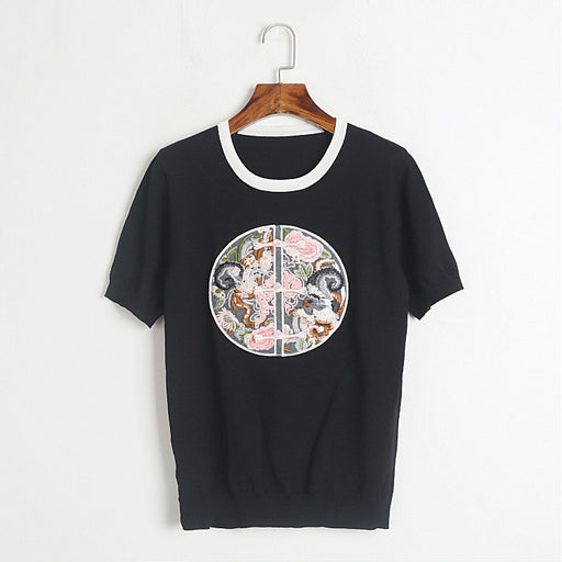 Chinese T shirt Women Short Sleeve Early Summer Chinese Machine Embroidery Knitted round Neck Bottoming Tops-Black-Fancey Boutique