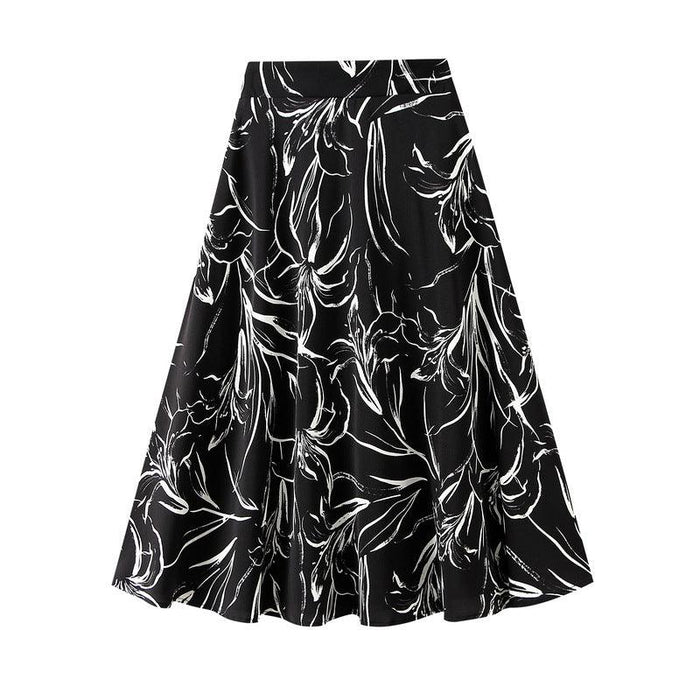 Color-Black-Ink Painting Lily Smooth Draping Simple Gentle Elegant Beige Skirt for Women-Fancey Boutique