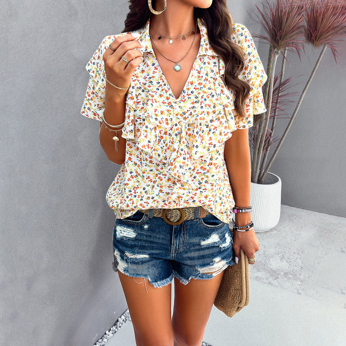 Color-White-Women Clothing Spring Summer Elegant Printing Ruffled Top-Fancey Boutique