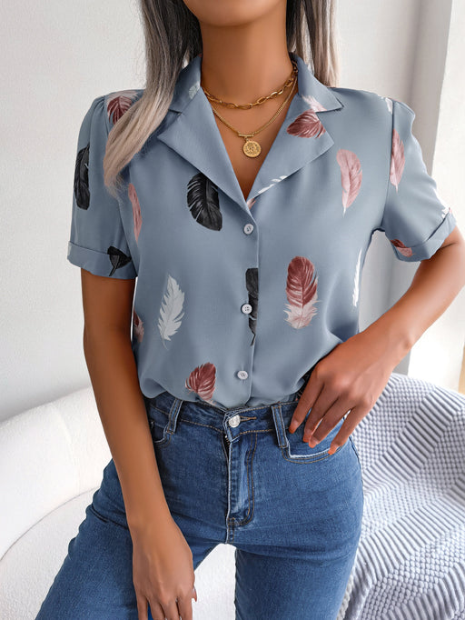 Color-Blue-Summer Elegant Collar Feather Loose Short Sleeve Shirt Women Clothing-Fancey Boutique