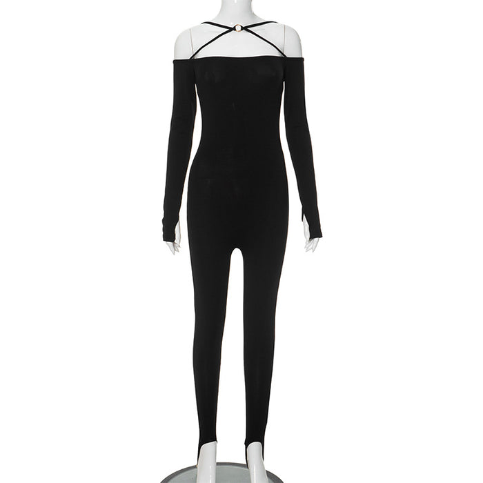 Color-Black-Chic Women Clothing Autumn Winter off-Shoulder Low-Cut Sexy Step-on Jumpsuit-Fancey Boutique
