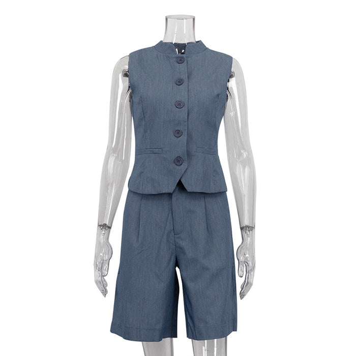 All Match Women Clothing Two Piece Summer Neutral Minimalist Blue Sleeveless Waistcoat Vest Set-Blue-Fancey Boutique