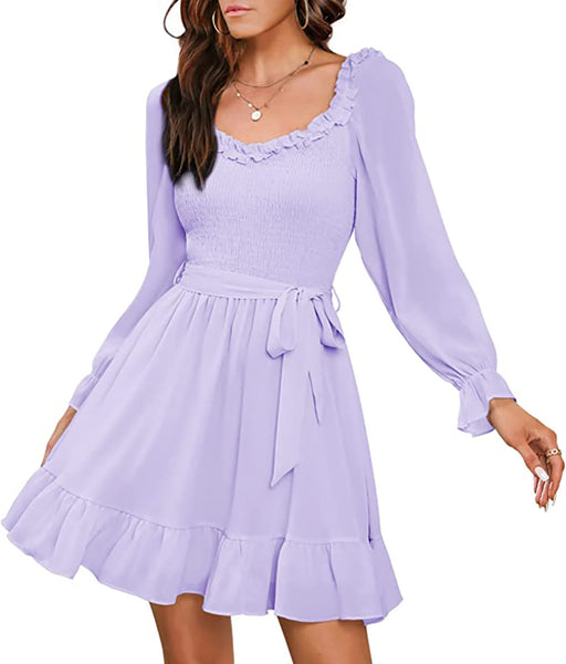 Color-Lavender-Early Spring Chiffon Dress Women Ruffled V neck Fitted Waist Sweet A line Dress-Fancey Boutique