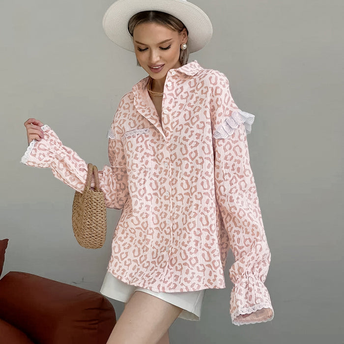 Fall Cotton Linen Casual Niche Elegant Pink Leopard Print Long Sleeved Shirt Loose Women