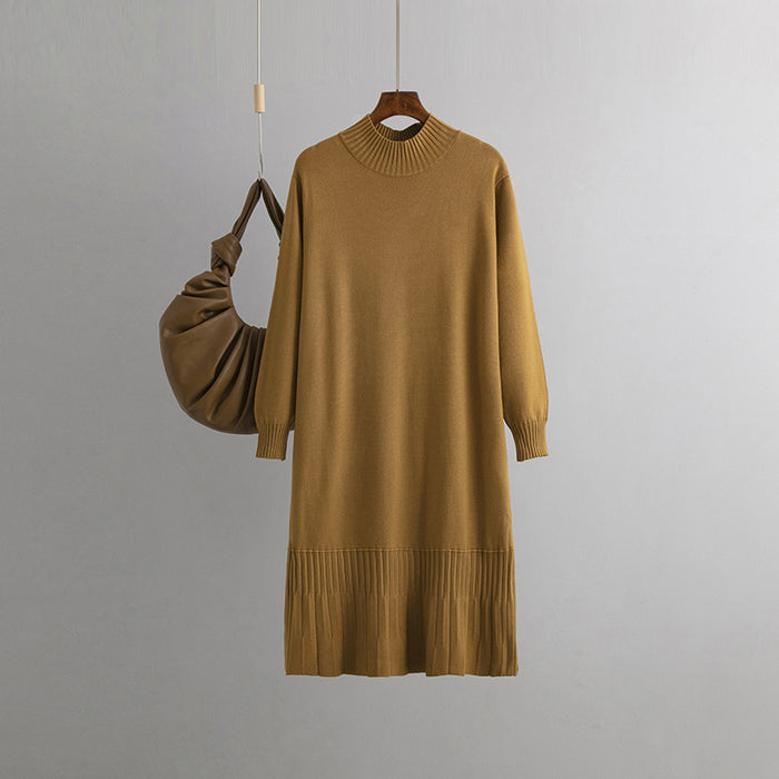 Color-camel-Autumn Winter With Coat Mid Length Base Knitting Dress Loose Slimming Half Turtleneck Sweater Dress-Fancey Boutique
