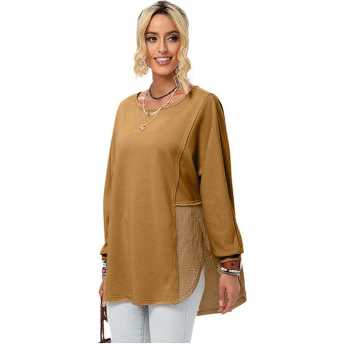 Color-Khaki-Fall Solid Color Loose Sweater Women Casual Frayed Asymmetric Long Sleeved Top for Women-Fancey Boutique