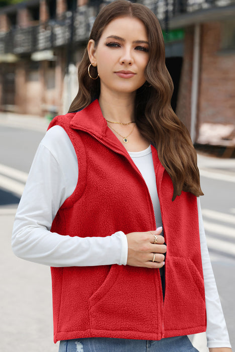 Women's Polar Fleece Zipper Collared Waistcoat-Red-Fancey Boutique