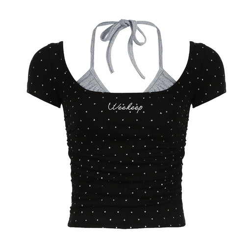 Polka Dot Letter Graphic Embroidery Faux Two Pieces Halter Lace up Short Top Backless Waist Trimming Slimming Contrast Color Short Sleeve-Black-Fancey Boutique