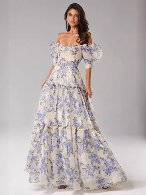 Spring Summer off the Shoulder Women Organza Fairy Long Elegant Evening Dress-Blue-Fancey Boutique