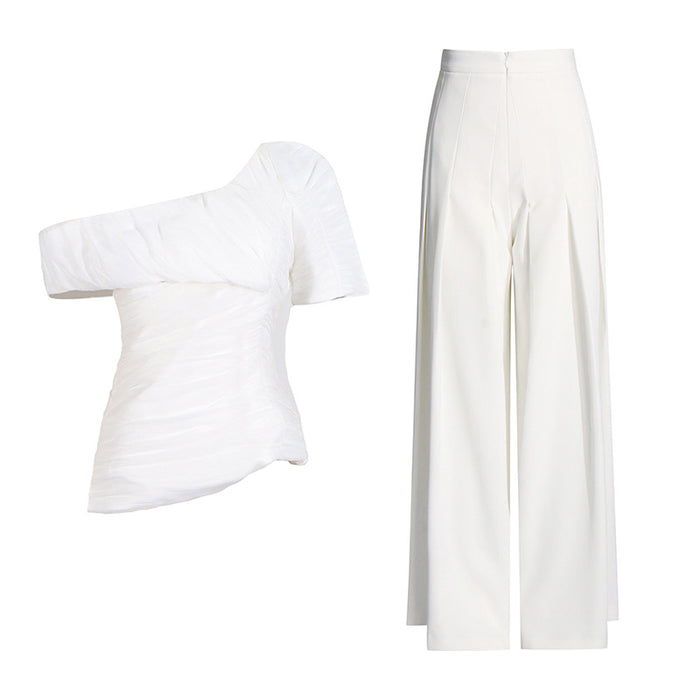 Summer Elegant Pleated Design Single Blouse High Waist Straight Wide Leg Pants Set Women-Fancey Boutique