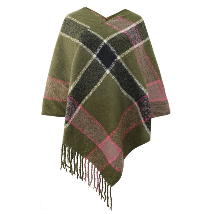 Color-Army Green-Autumn Winter Cashmere Contrast Color Striped Cloak Knitted Tassel Scarf Shawl Women-Fancey Boutique