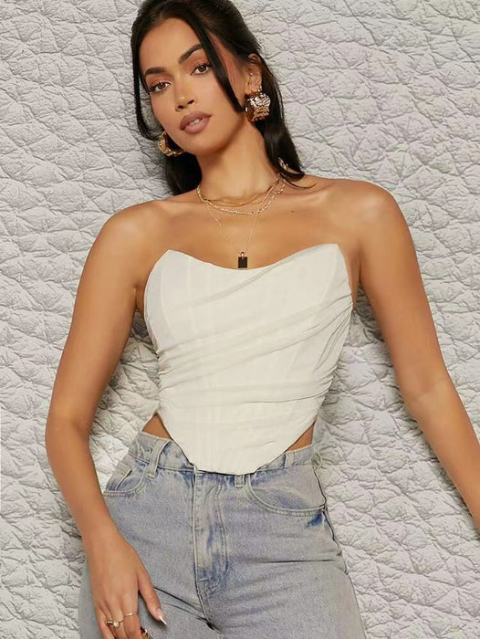 Color-White-Trend Sexy Boning Corset Boning Corset Pleated Zipper Mesh Tube Top cropped Outfit Top for Women-Fancey Boutique