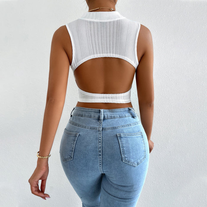 Women Clothing Pullover round Neck Sleeveless Cropped Short Vest Women Summer Outer Wear Inner Wear Micro Backless Top-White-Fancey Boutique