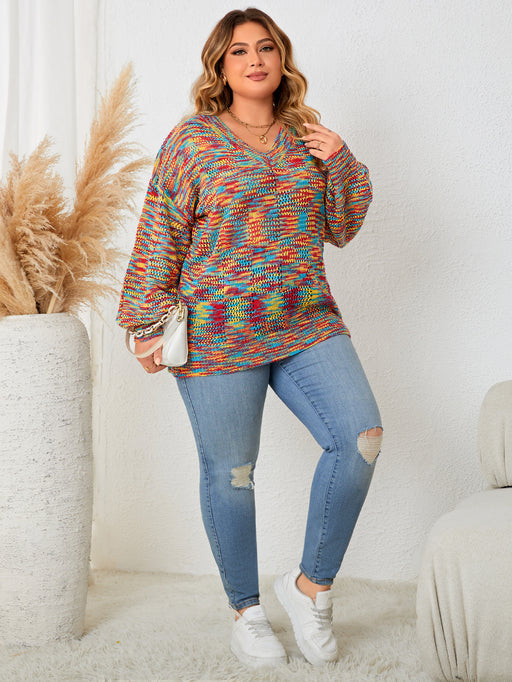 Color-Multi-Plus Size Slightly V neck Loose Knitted Top Loose Pullover Colorized Sweater Women-Fancey Boutique