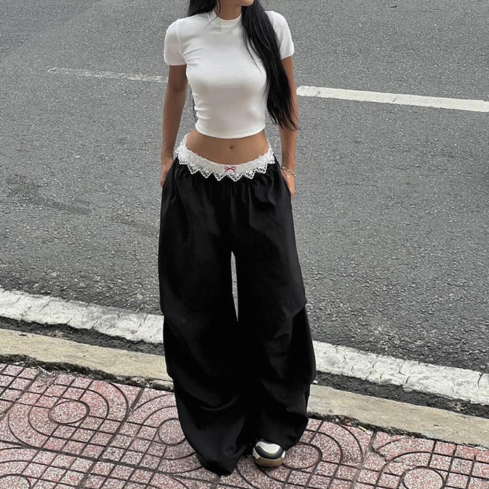 Casual Lace Lace Contrast Color Waist Loose Trousers Street Sexy Trendy Straight Wide Leg Mop Pants Women