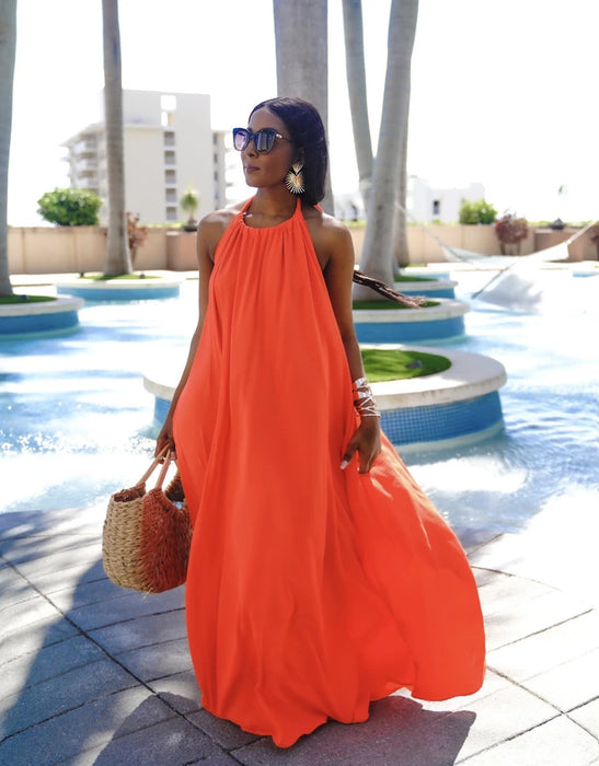 Color-Orange-Summer Women Clothing Sleeveless Halter Sexy Backless Solid Color Dress Long-Fancey Boutique