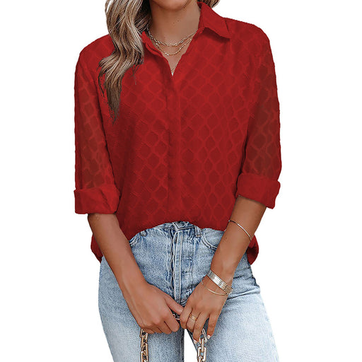Color-Burgundy-Casual Solid Color Simple Shirt Women Spring Autumn Loose All Matching Top Women Outer Wear Long Sleeve Shirt Women-Fancey Boutique