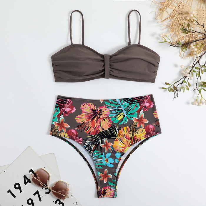 Color-Brown-Swimsuit Women Split Bikini Retro Sexy Solid Color Printing Bikini Wear-Fancey Boutique