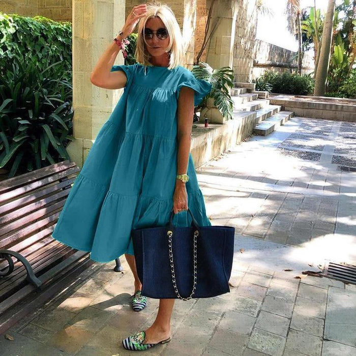 Color-Blue-Women Clothing Loose Pleated Short Sleeve Dress Women Solid Color-Fancey Boutique