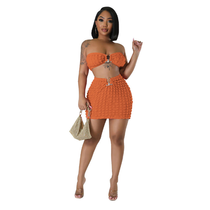 Color-Orange-Women Clothing Popcorn Sexy Cropped Wrapped Chest Short Skirt Bubble Two Piece Set-Fancey Boutique