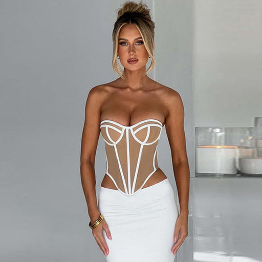 Color-White-Sexy Tube Top Backless Design Lines Contrast Color Waist Top for Women-Fancey Boutique