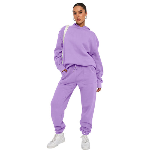 Color-Purple-Autumn Winter Solid Color Hooded Long Sleeve Sweater Women Clothing Casual Trousers Suit-Fancey Boutique