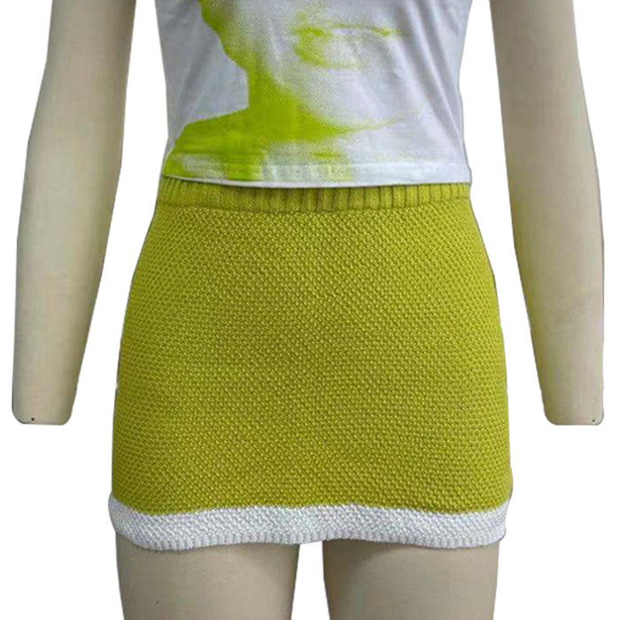 Women Knitted Skirt Set Abstract Head Figure Printing Cropped Top Arm Covering Short Skirt-Short Skirt-Fancey Boutique