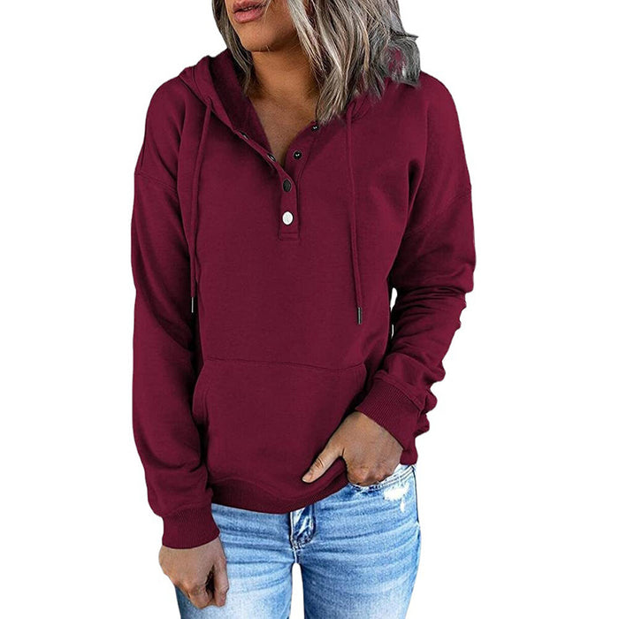 Color-Burgundy-Women Clothing Long Sleeve Loose Casual Hooded Drawstring Pocket Hoodie-Fancey Boutique