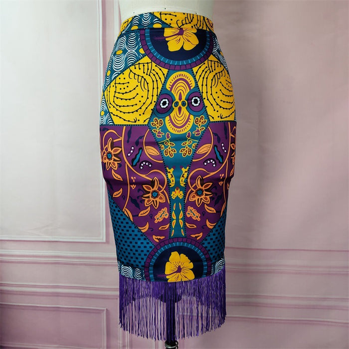 Color-Printed Color-High Waist Print Stitching Tassel Hip Skirt Women Party Skirt Skirt Skirt-Fancey Boutique