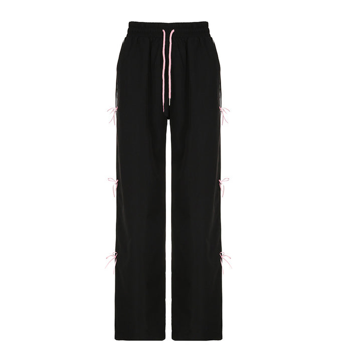 Street Sweet Spicy Wear Loose Woven Pants Personality Bow Stitching Wide Leg Slimming Show Casual Trousers for Women-Black-Fancey Boutique