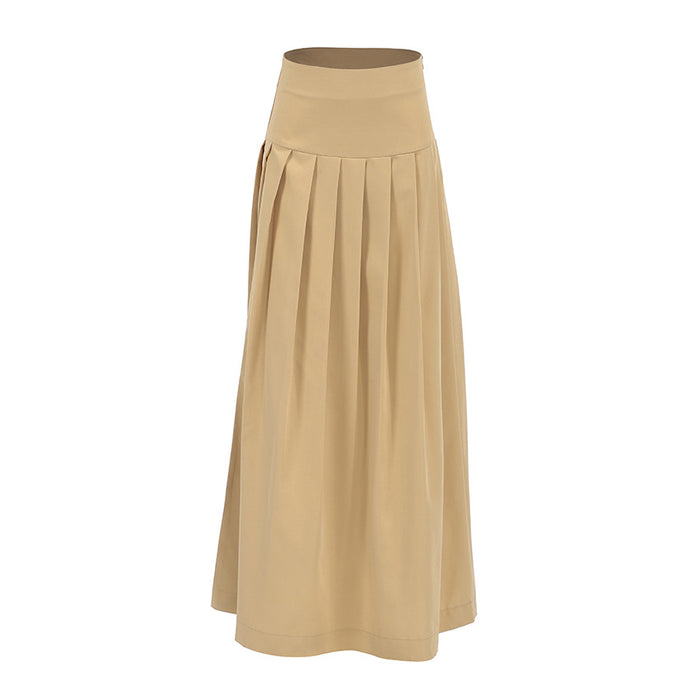 Khaki High Waist Slimming Pleated A Swing Skirt Autumn Winter Dress-Fancey Boutique